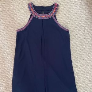 IZ Byer dress navy blue with colorful neckline. Size XS in juniors.